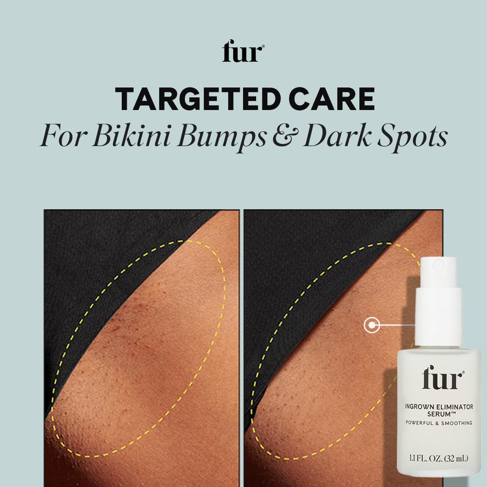 Fur Ingrown Eliminator Serum ingredients layout emphasizes AHAs, witch hazel, and aloe benefits.