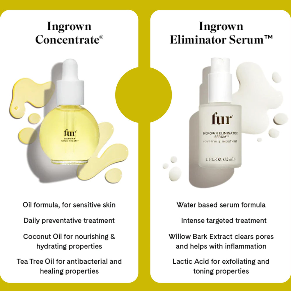 Fur Ingrown Eliminator Serum skin-closeup highlights pore-clearing and soothing effects.