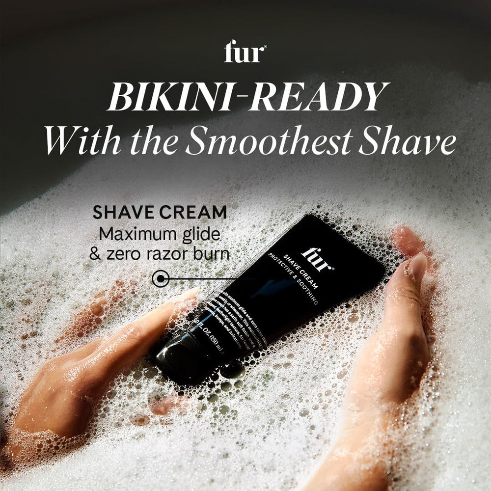 Fur Shave Cream ingredients label shows marshmallow root and aloe for hydration