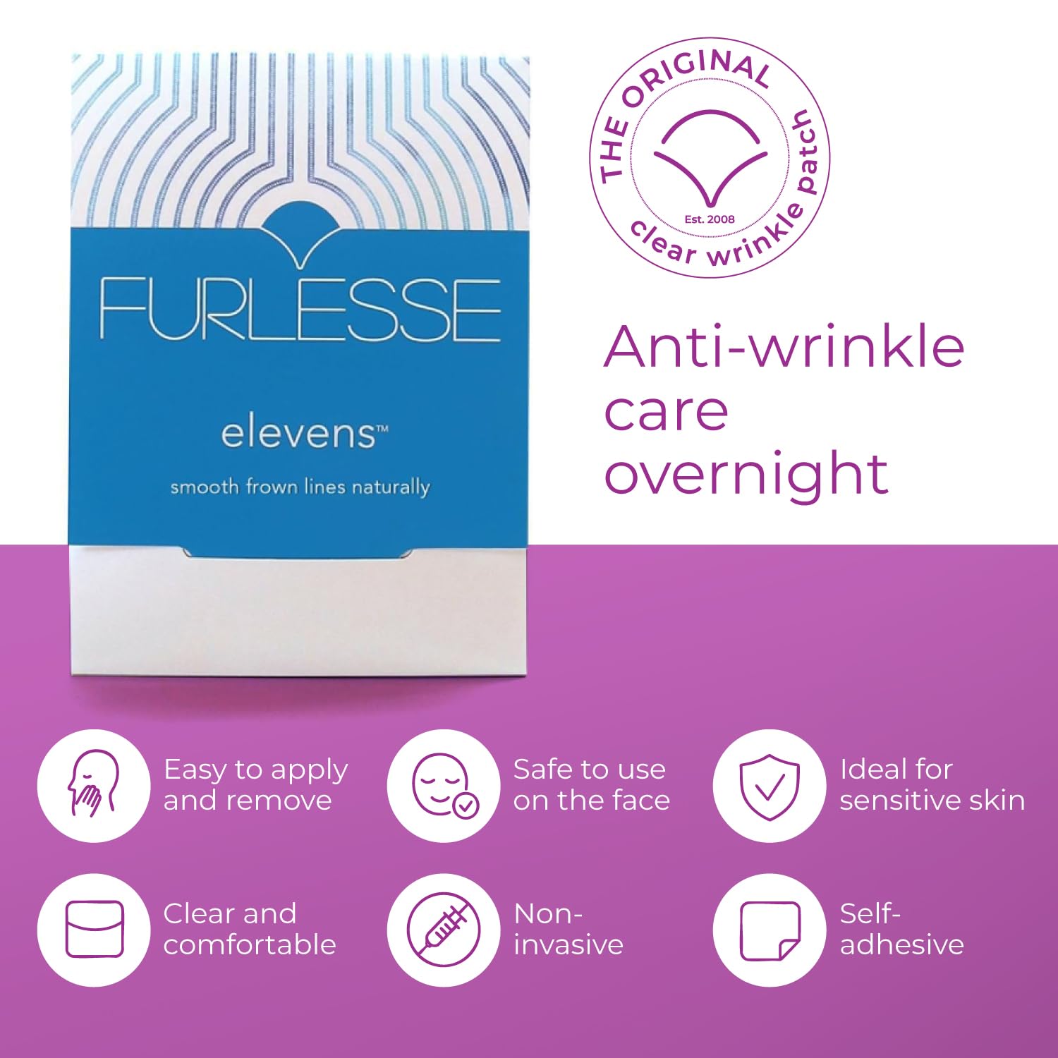 Furlesse Elevens pack 30 patches highlights month-long non-invasive wrinkle-smoothing option.
