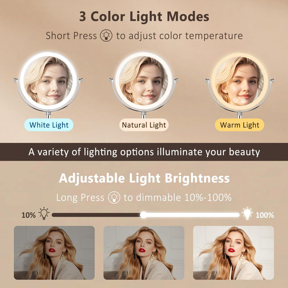 Fursourige lighted makeup mirror shows 1x/10x magnification for close-up grooming tasks.