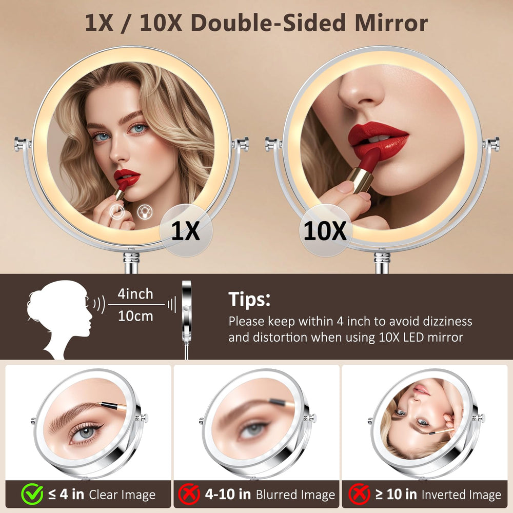 Fursourige lighted makeup mirror shows 3-color lighting for flattering makeup under different tones.