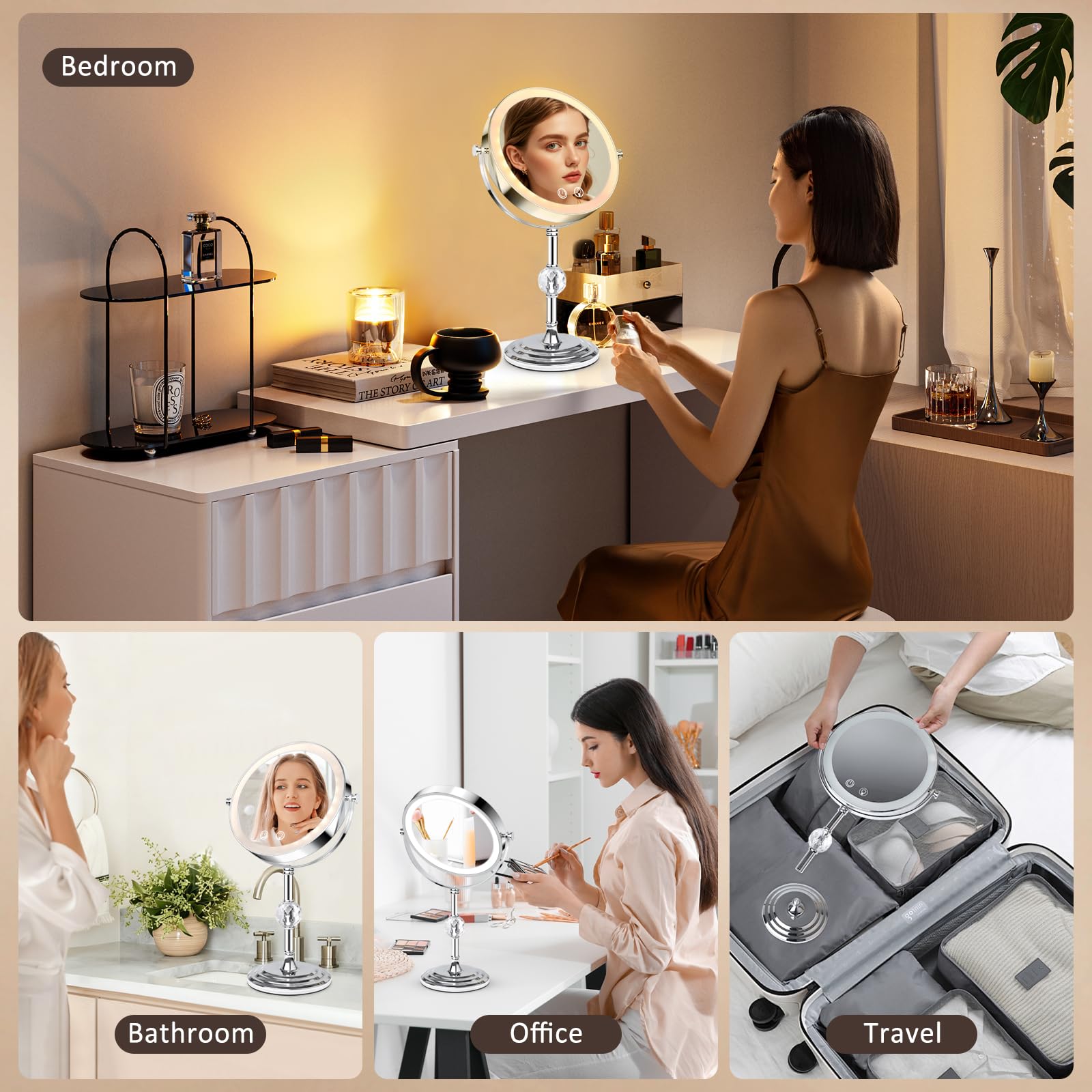 Fursourige lighted makeup mirror offers 360° rotation for flexible angles during application.