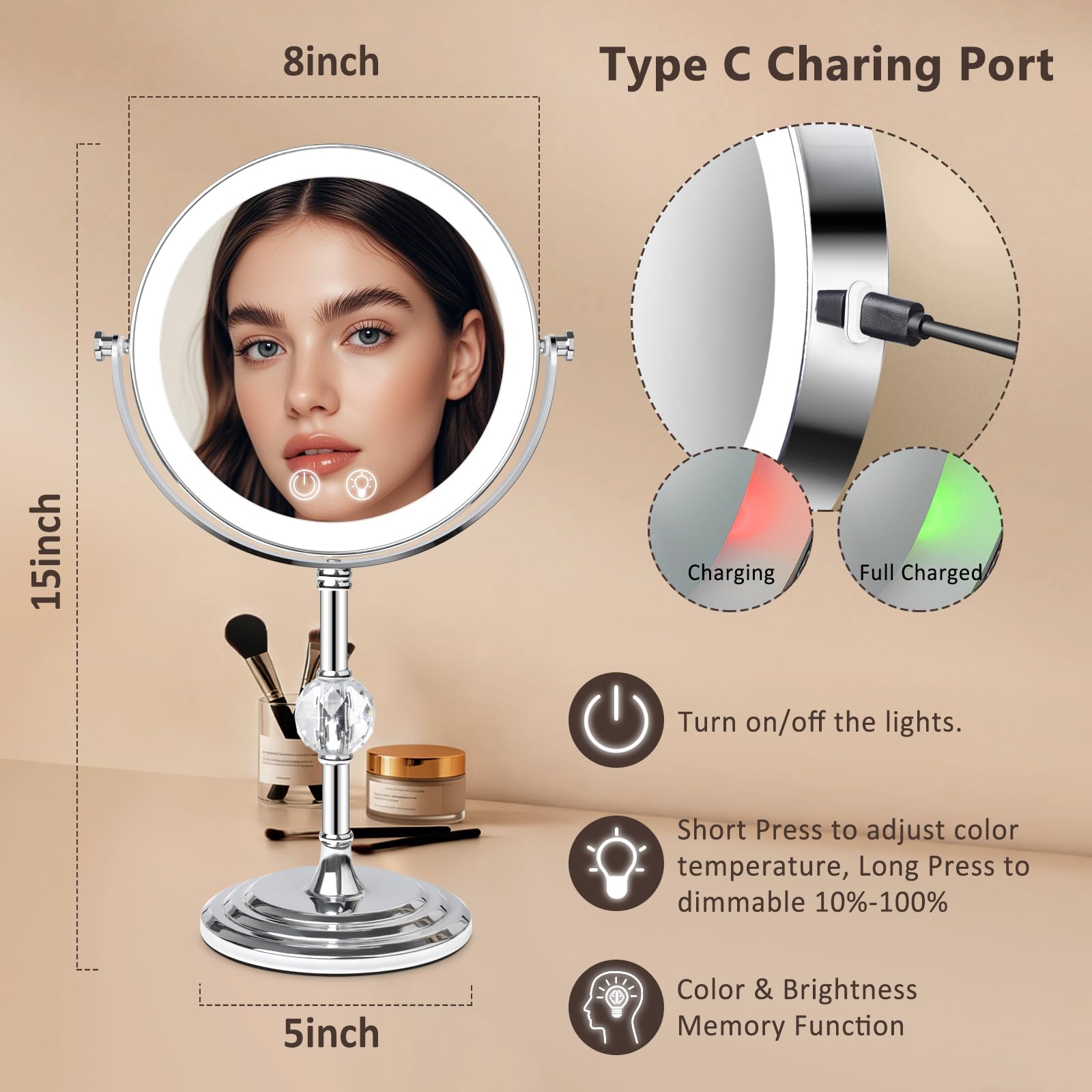 Fursourige lighted makeup mirror's 4000mAh battery supports long, portable grooming sessions.