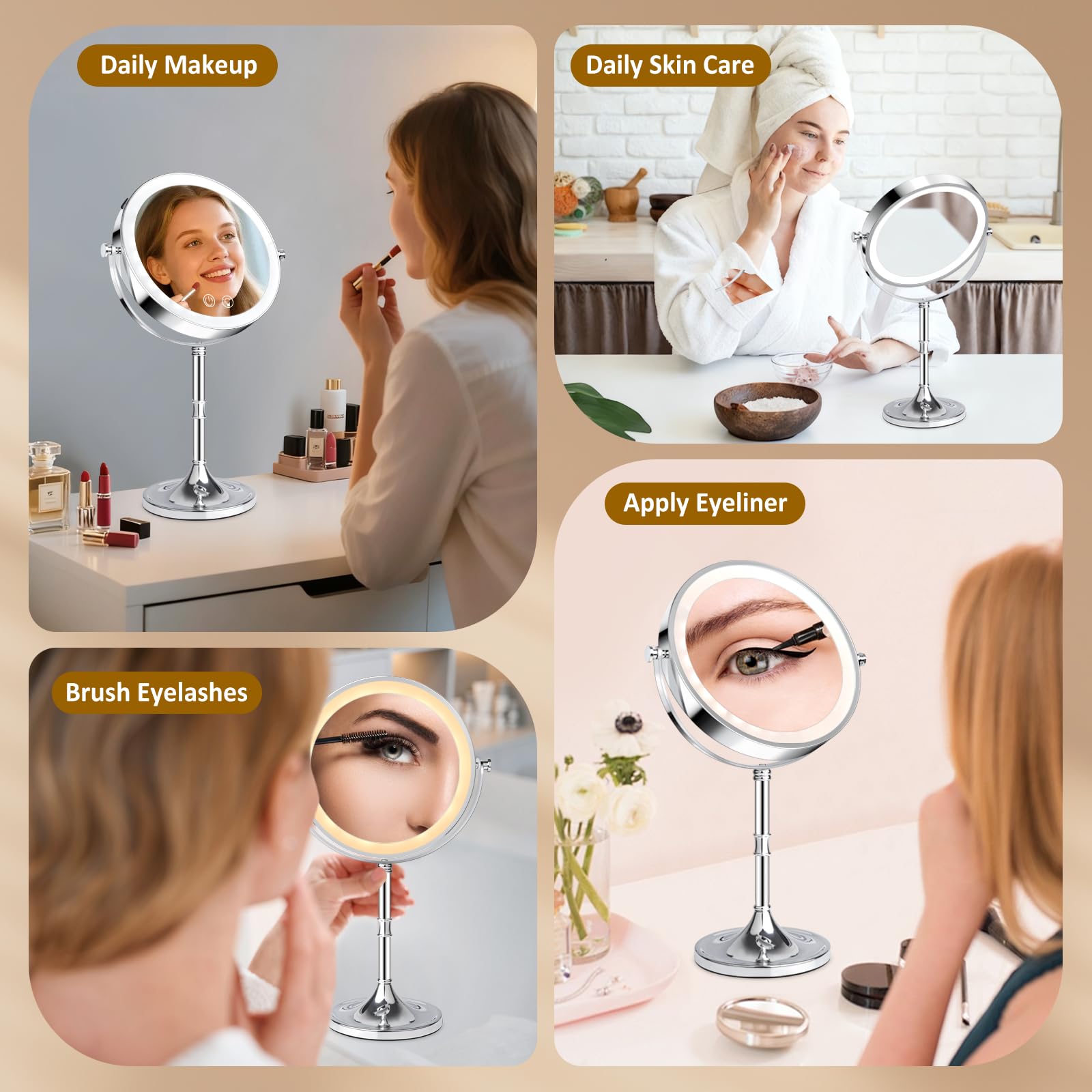 Fursourige vanity mirror detachable base offers standing or handheld use.