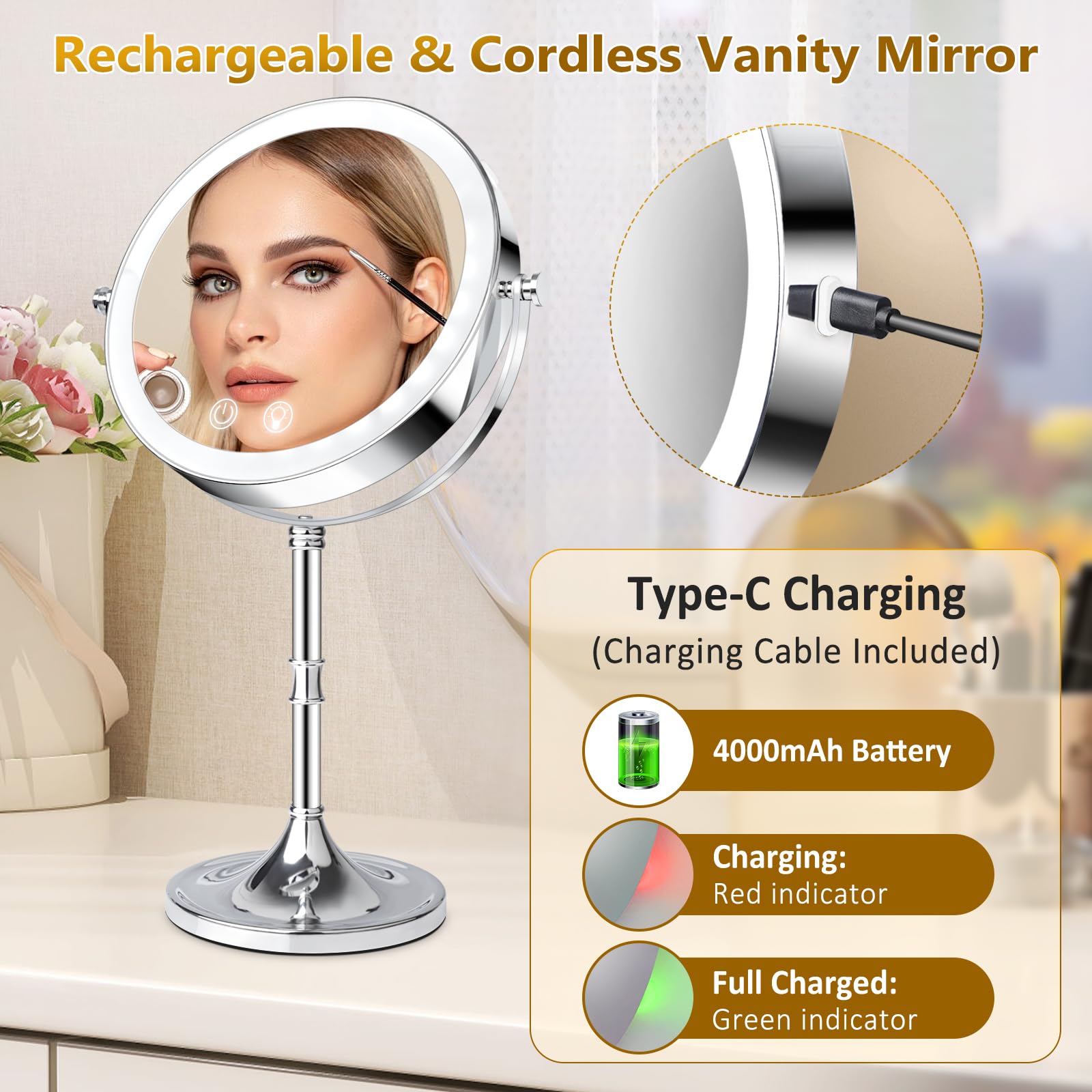 Fursourige vanity mirror rechargeable battery enables cord-free use.