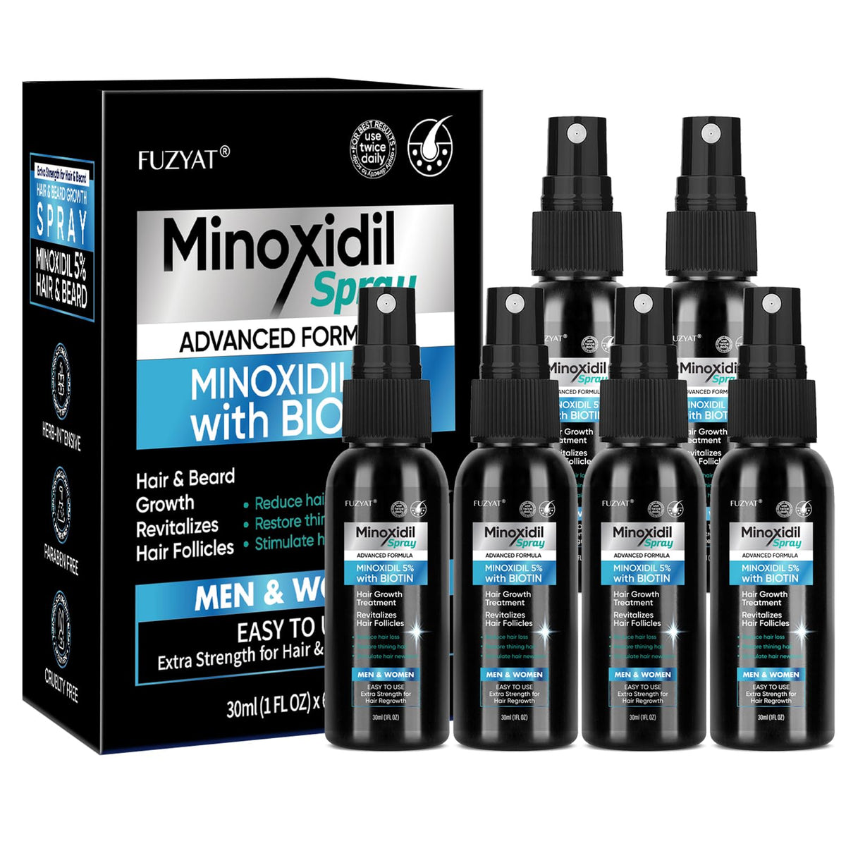 FUZYAT 5% Minoxidil spray bottle shows easy daily use for targeted hair growth.