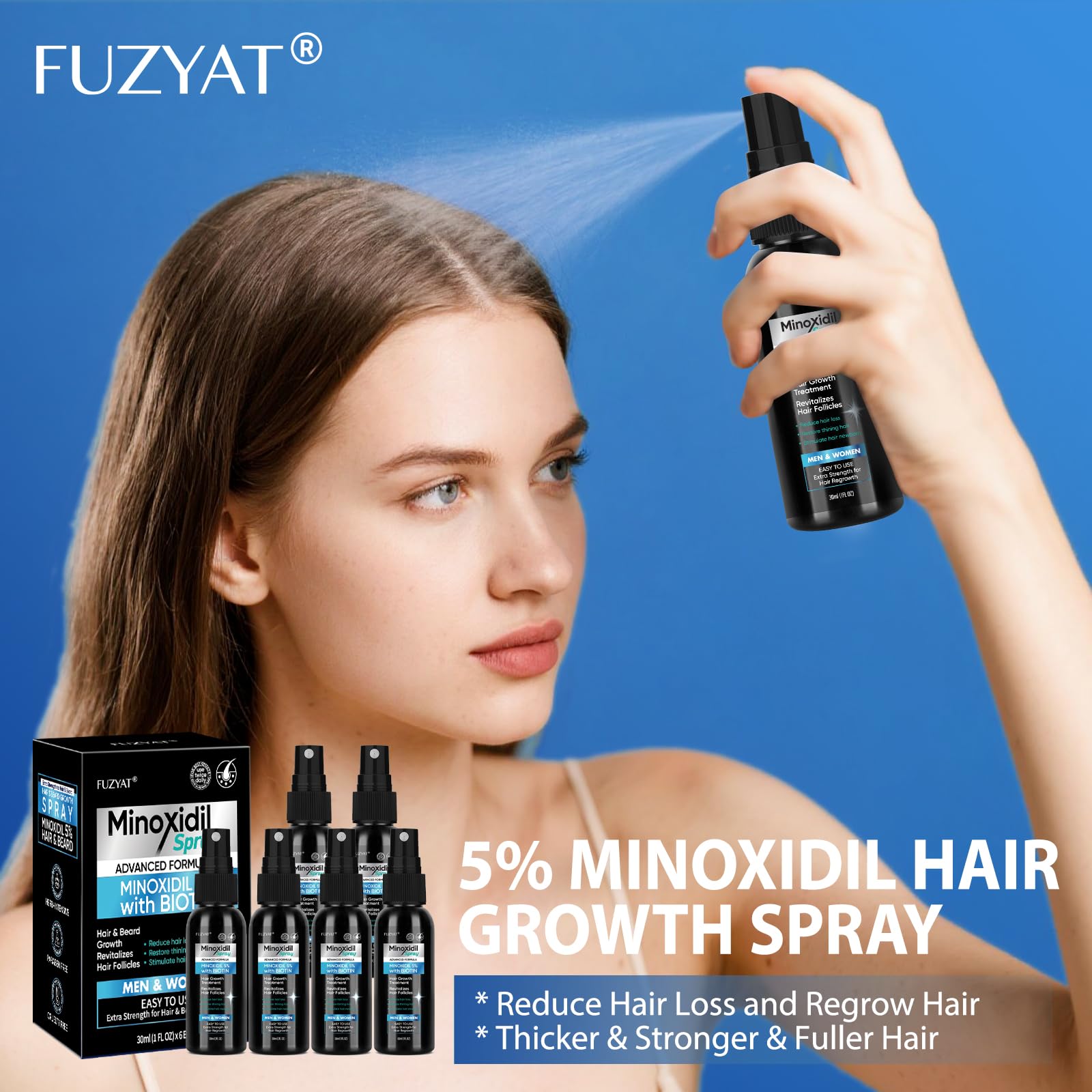 FUZYAT Hair growth spray use-time reference for morning and evening routine.