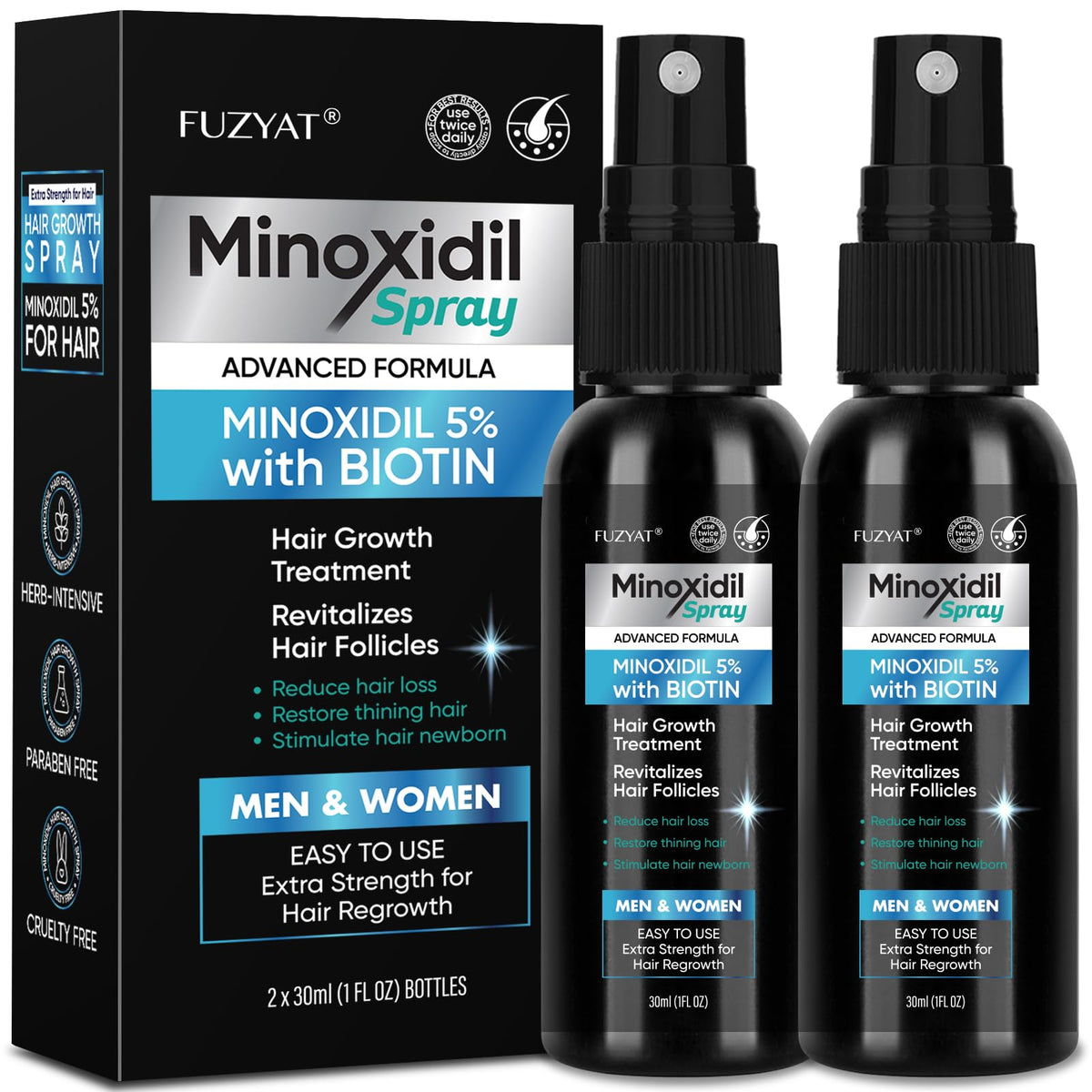 FUZYAT minoxidil spray bottle closeup—unscented hair growth support.