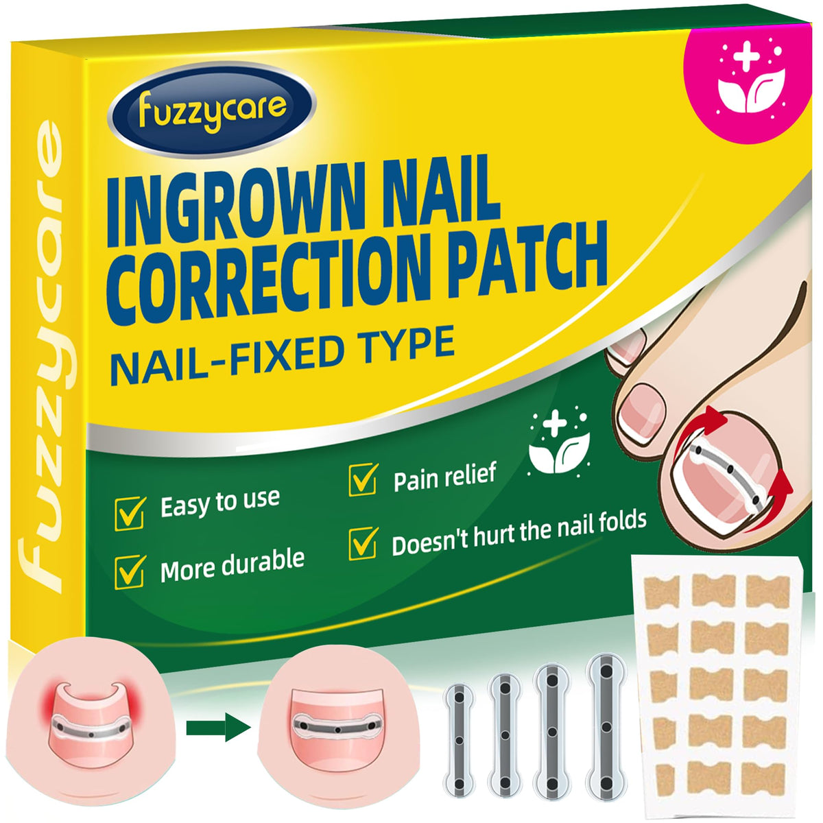 Fuzzycare ingrown toenail kit packaging with 10 pieces for at-home treatment