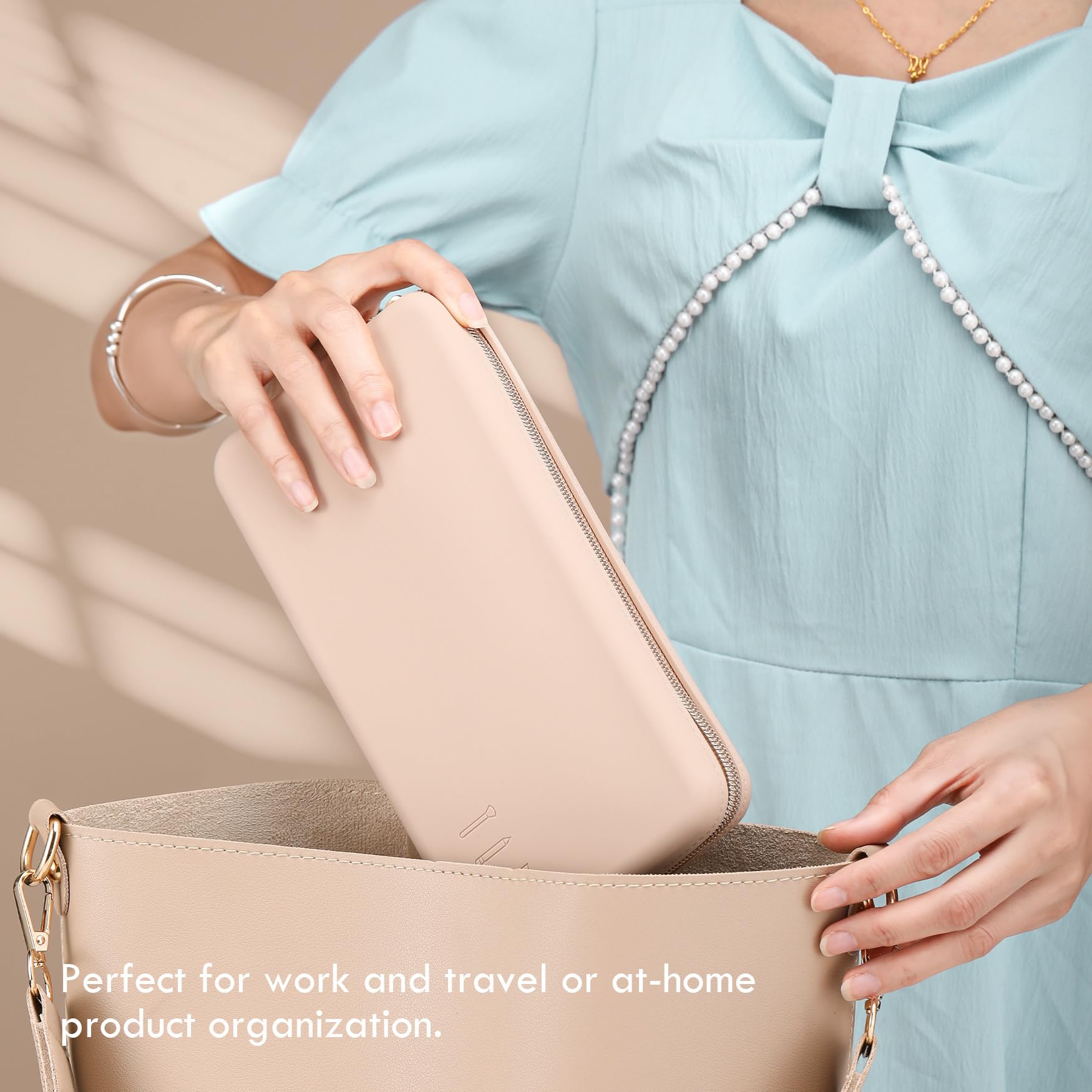 FVION khaki-colored makeup bag on desk with neutral style.