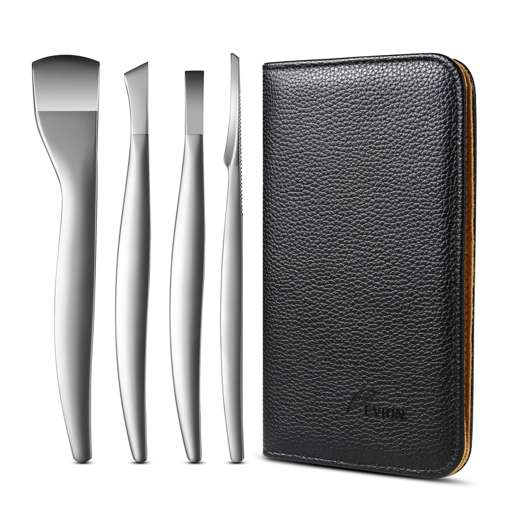 FVION Professional Pedicure Knife Set four blades closeup, precise toenail grooming