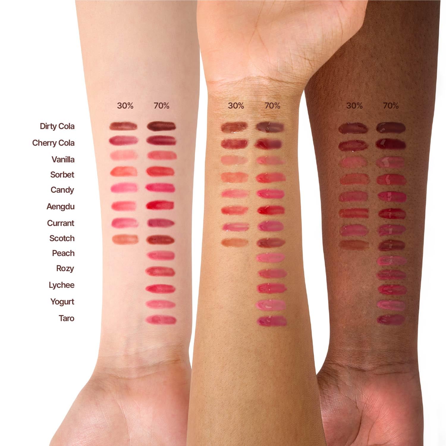 fwee Rozy 70 percent color swatches reveal long-lasting hydration on lips