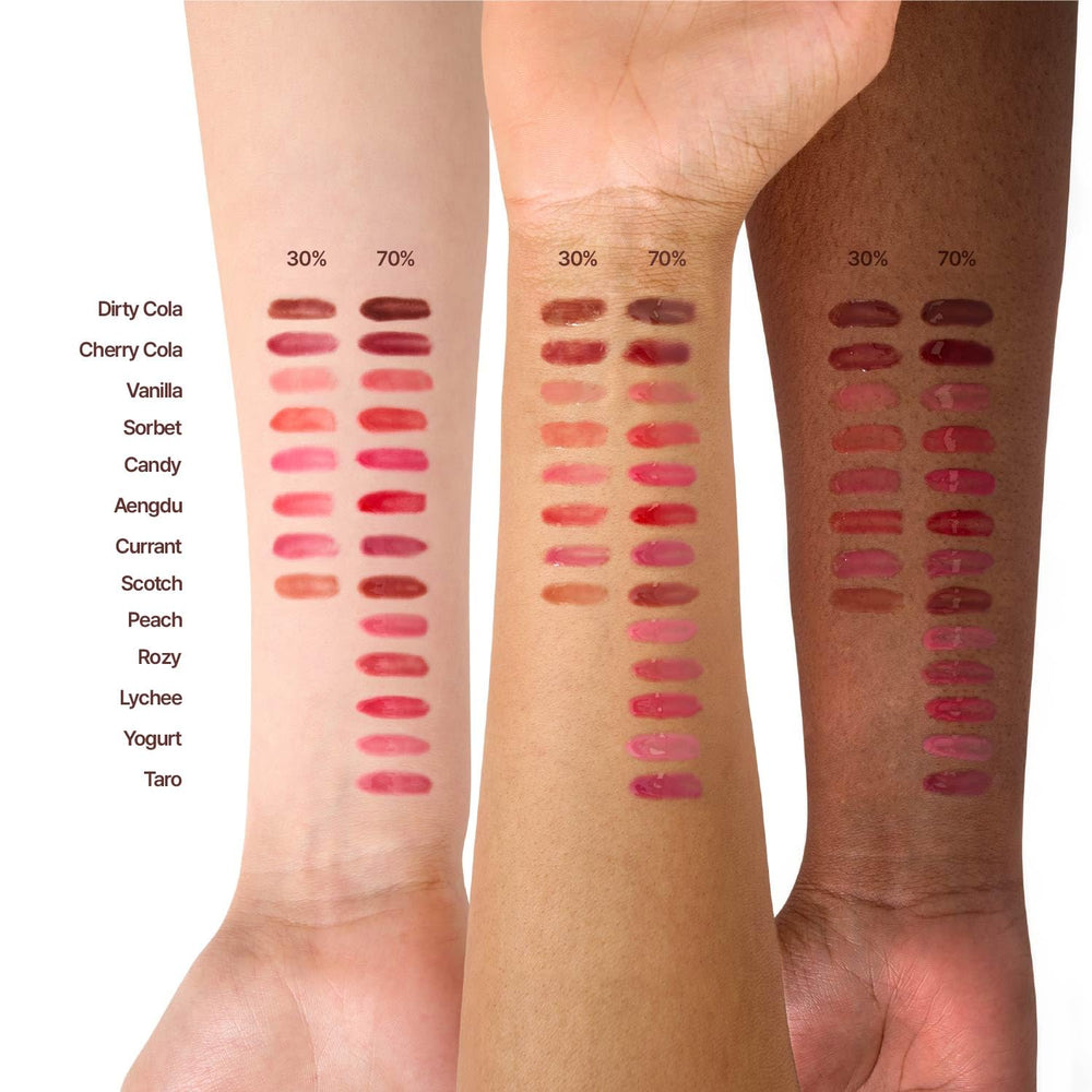 Fwee 3D Voluming Gloss 70% pigment application close-up with bold lips.