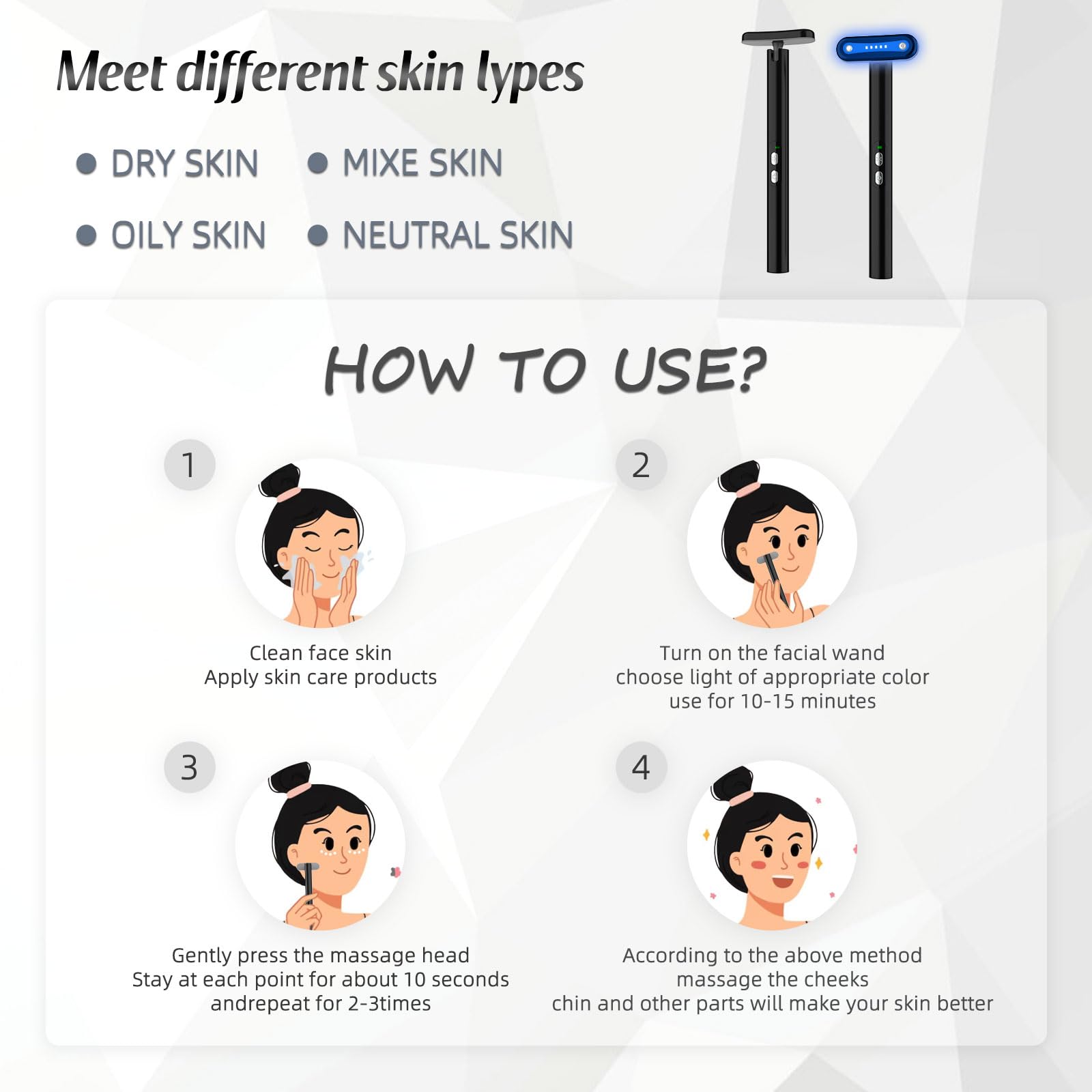 Fxtiaa LED wand in use for skin care and facial massage.