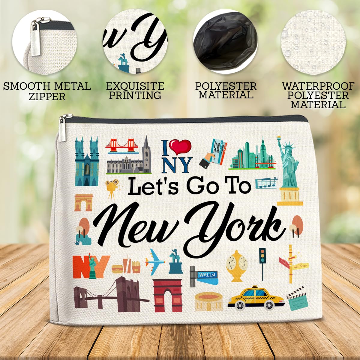 FYDHQSS NYC-themed cosmetic bag shows bold prints on both sides for easy access.