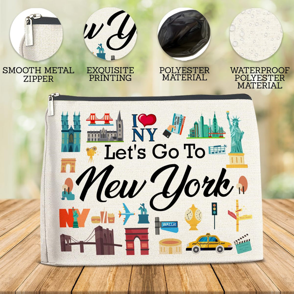FYDHQSS NYC-themed cosmetic bag shows bold prints on both sides for easy access.