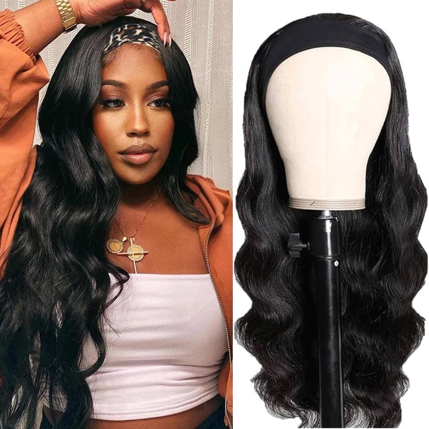 Fylora headband wig 18-inch body wave front view for natural everyday wear