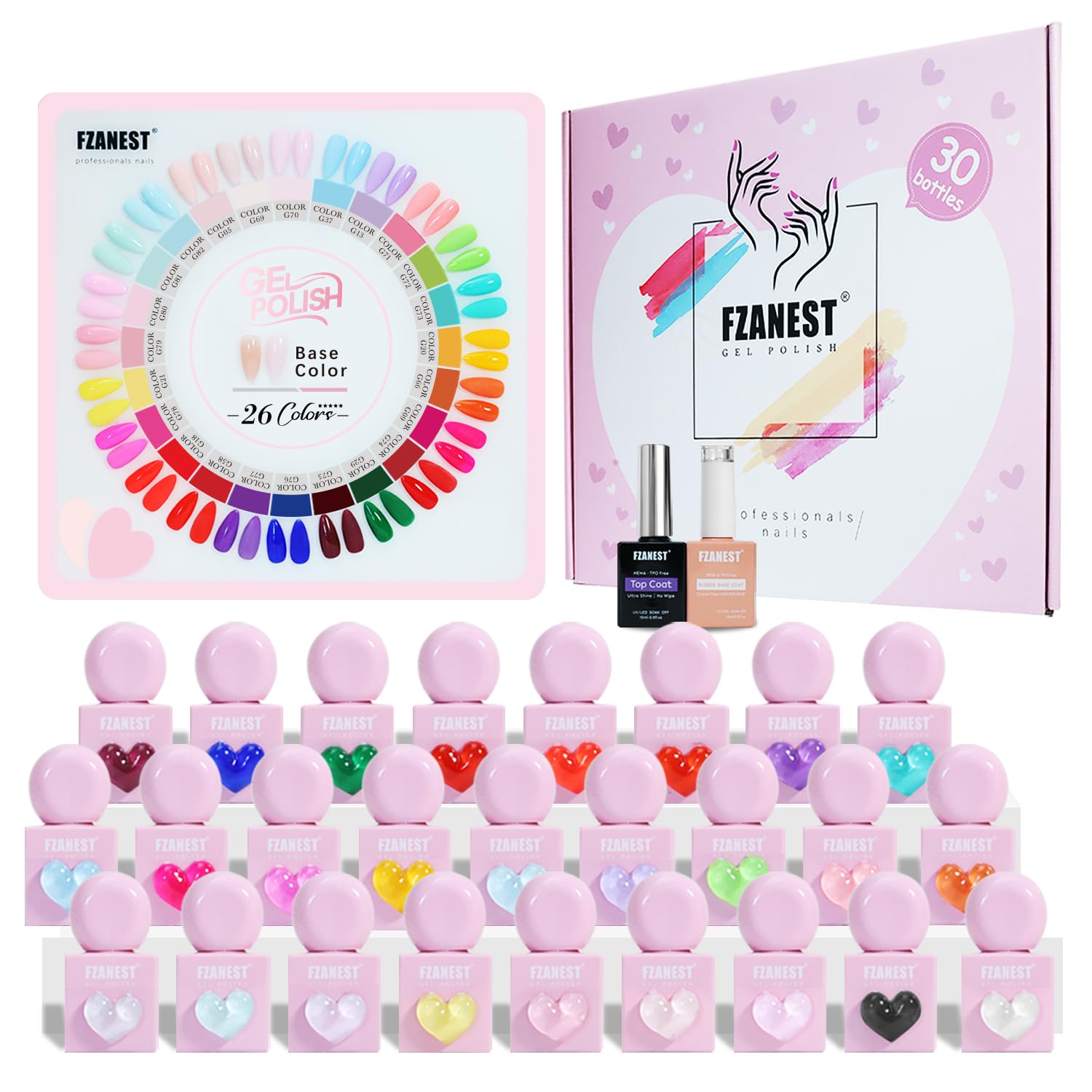 FZANEST 30pc HEMA-free gel nail polish set in vibrant color range for at-home manicures