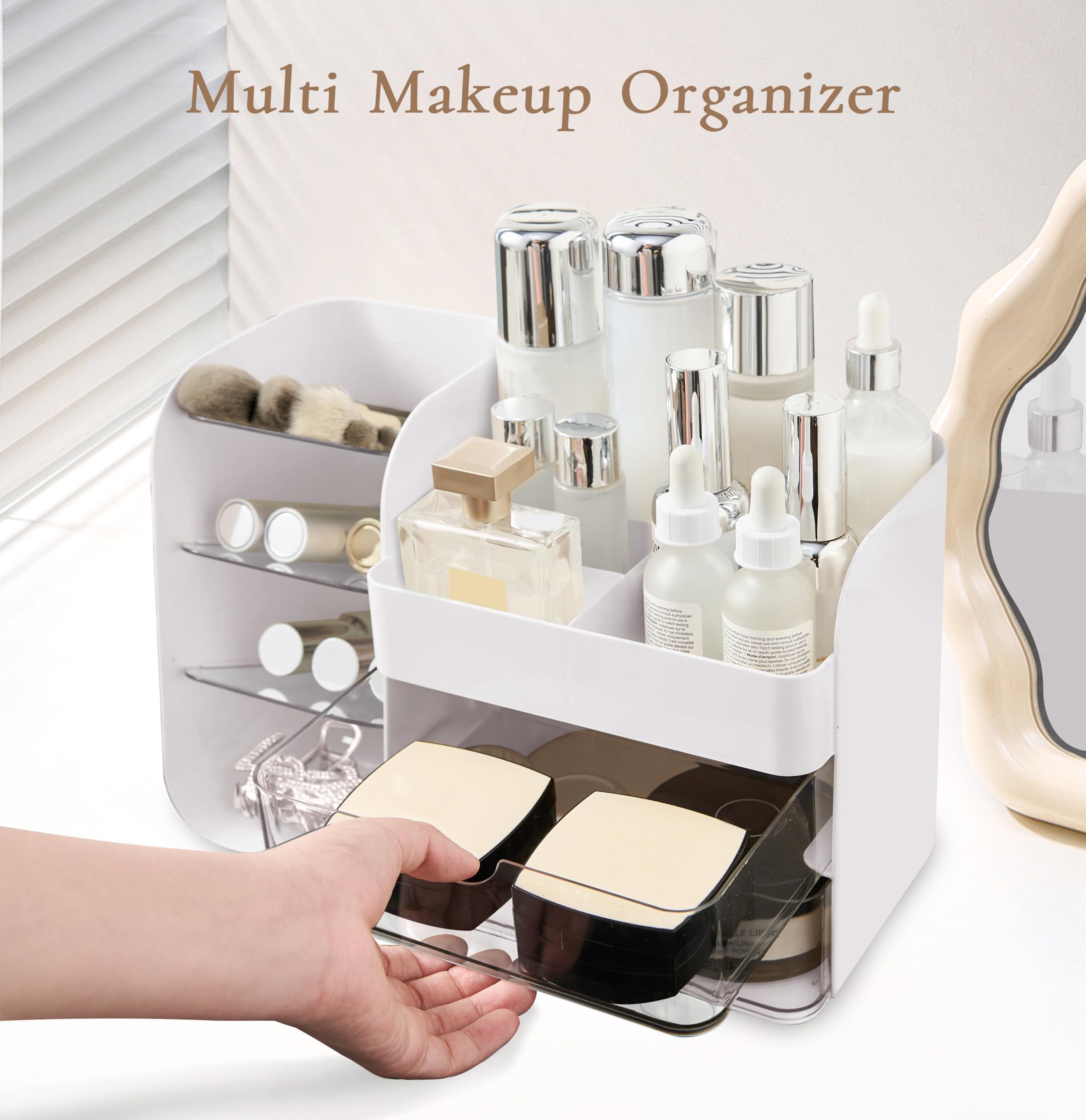 FZHZZ Waterproof Makeup Organizer highlights durable, washable plastic for daily use.