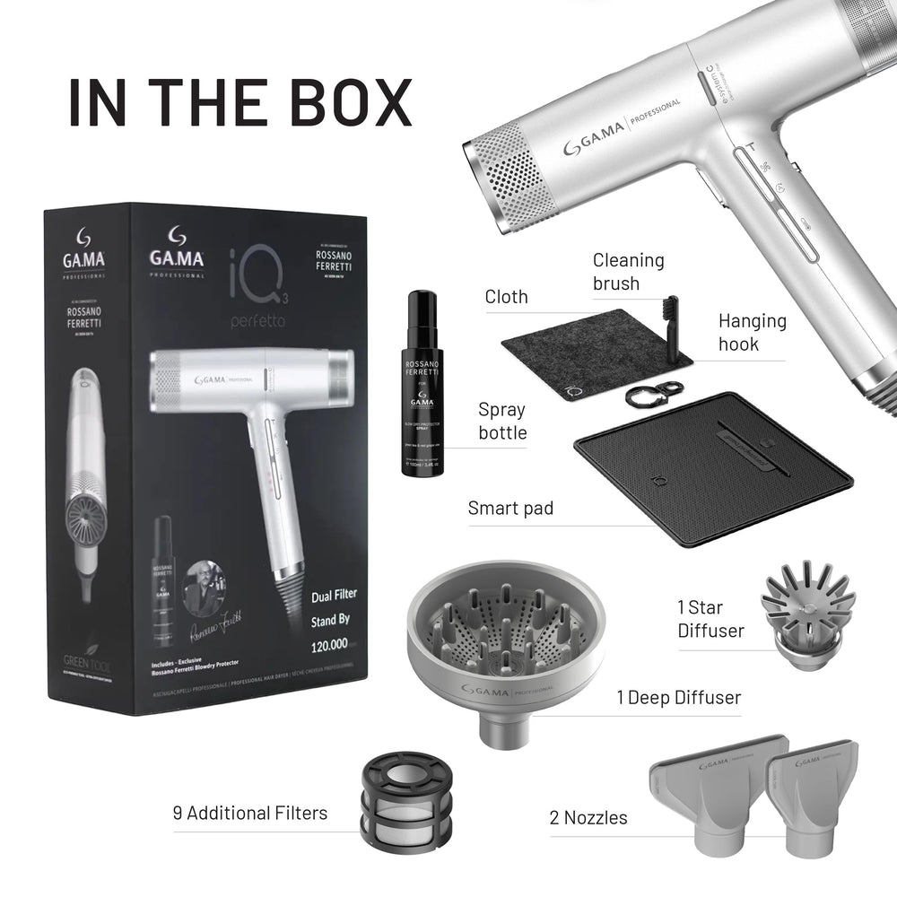 GA.MA IQ3 Perfetto diffuser evenly distributes airflow for defined curls.