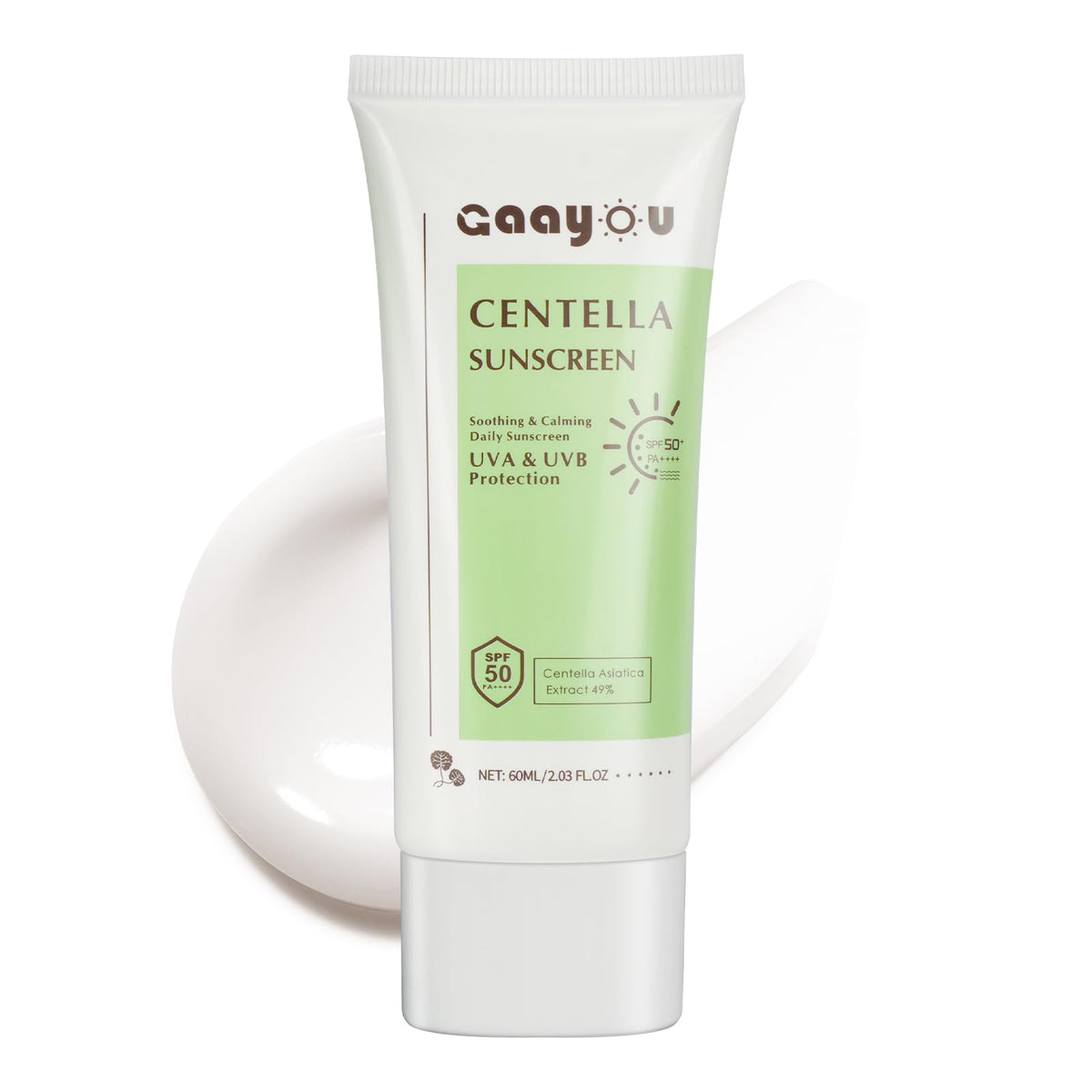 Gaayou Centella Sunscreen packaging shows reef-safe formula for everyday protection.