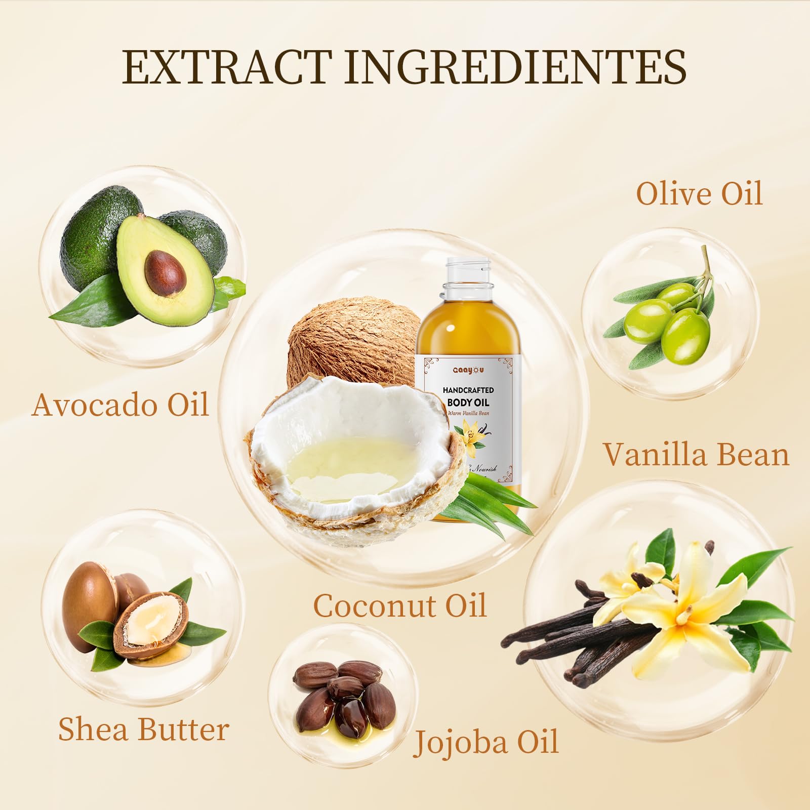 Gaayou fresh ingredients close-up highlight coconut and almond oils.