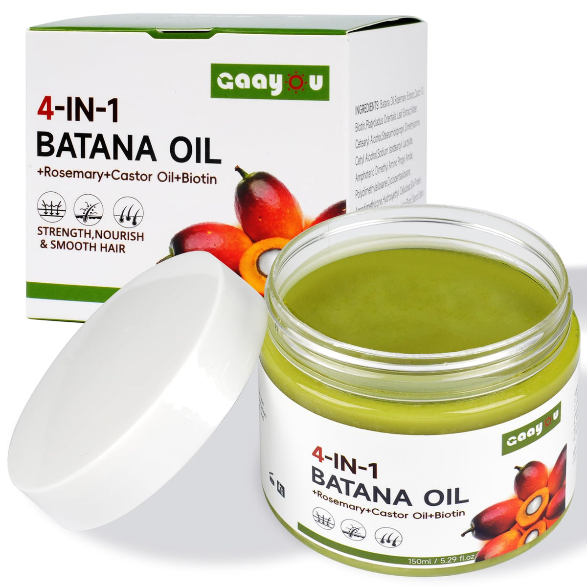 Gaayou Raw Batana Oil bottle highlights pure nourishment for healthier hair growth.