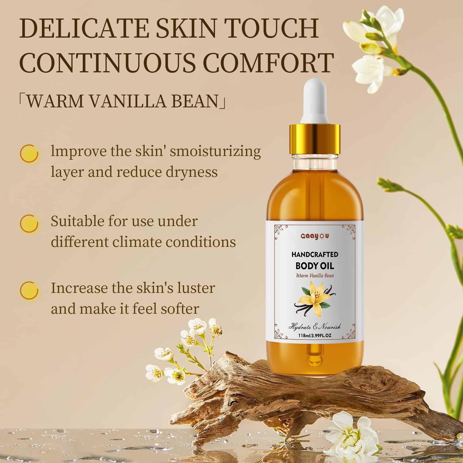 Gaayou Warm Vanilla Bean Body Oil dropper for precise, everyday skin nourishment.