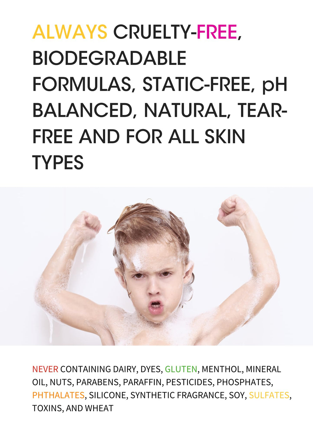 Gabriel Cosmetics Clean Kids Conditioner label-closeup highlights gluten-free and vegan attributes.