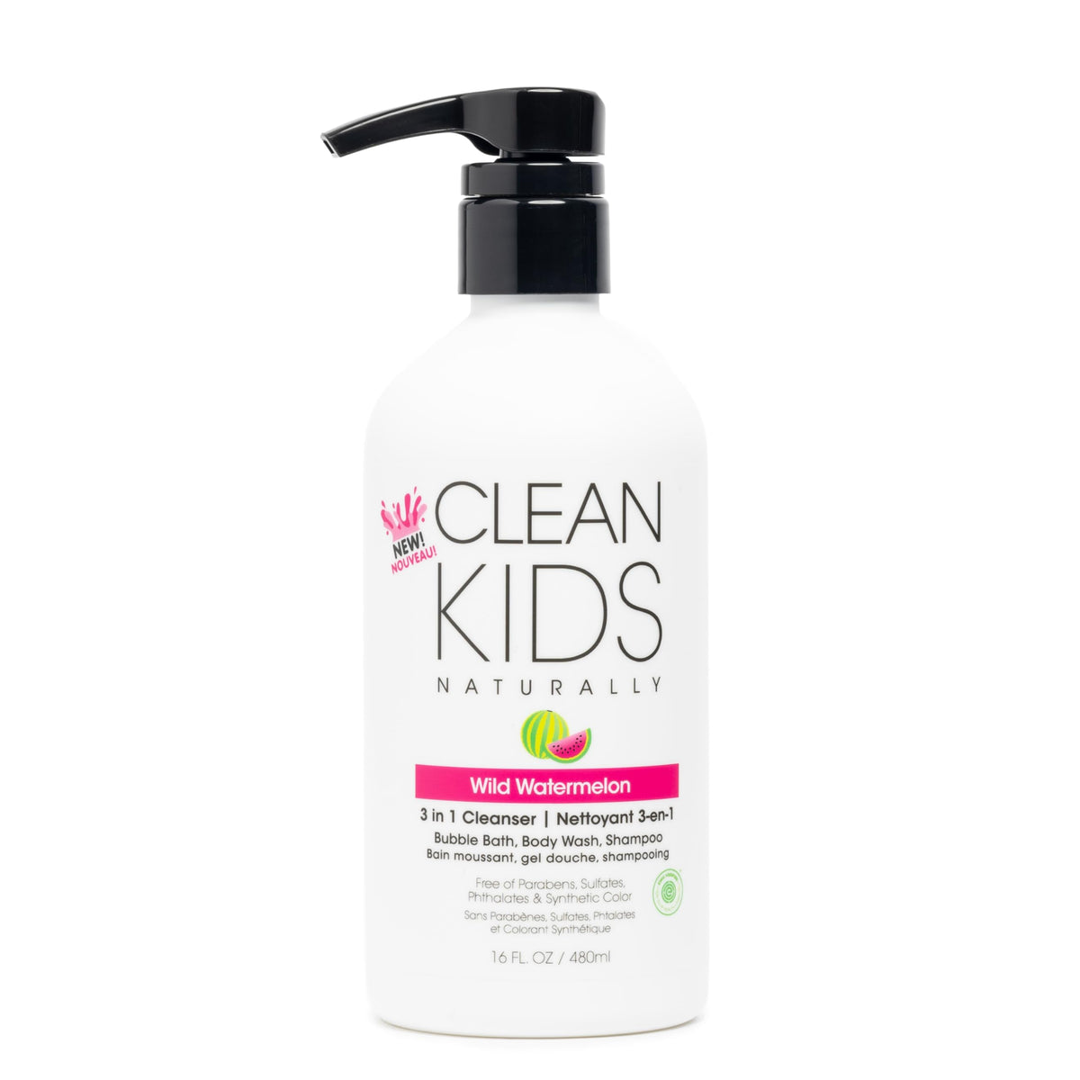 Gabriel Cosmetics Clean Kids watermelon 3-in-1 bottle shows coconut-free gentle cleansing for skin and hair