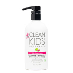 Gabriel Cosmetics Clean Kids watermelon 3-in-1 bottle shows coconut-free gentle cleansing for skin and hair
