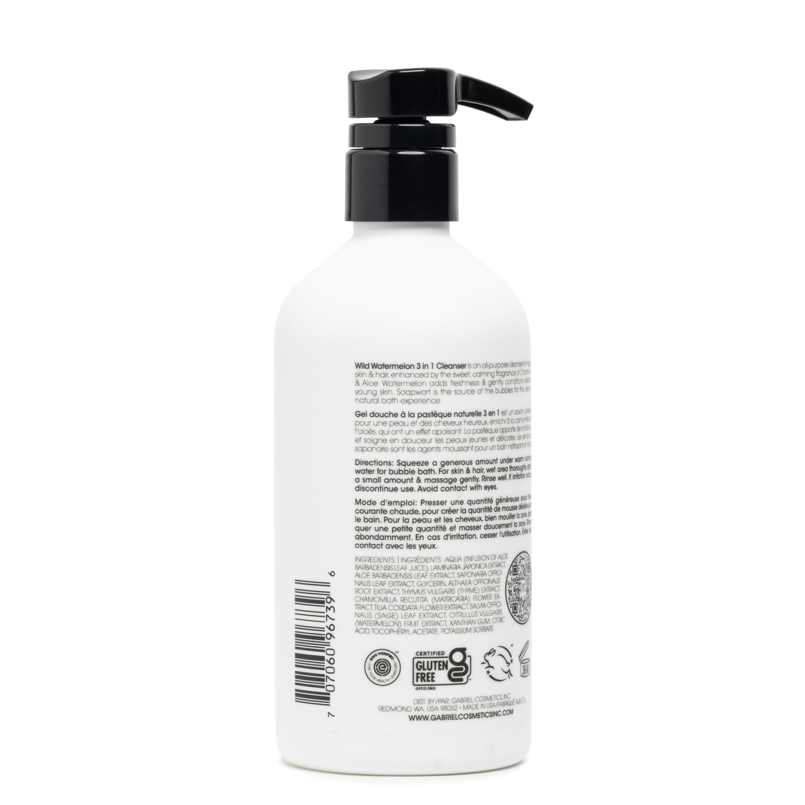 Gabriel Cosmetics bottle close-up label highlights free-from ingredients and gluten-free status