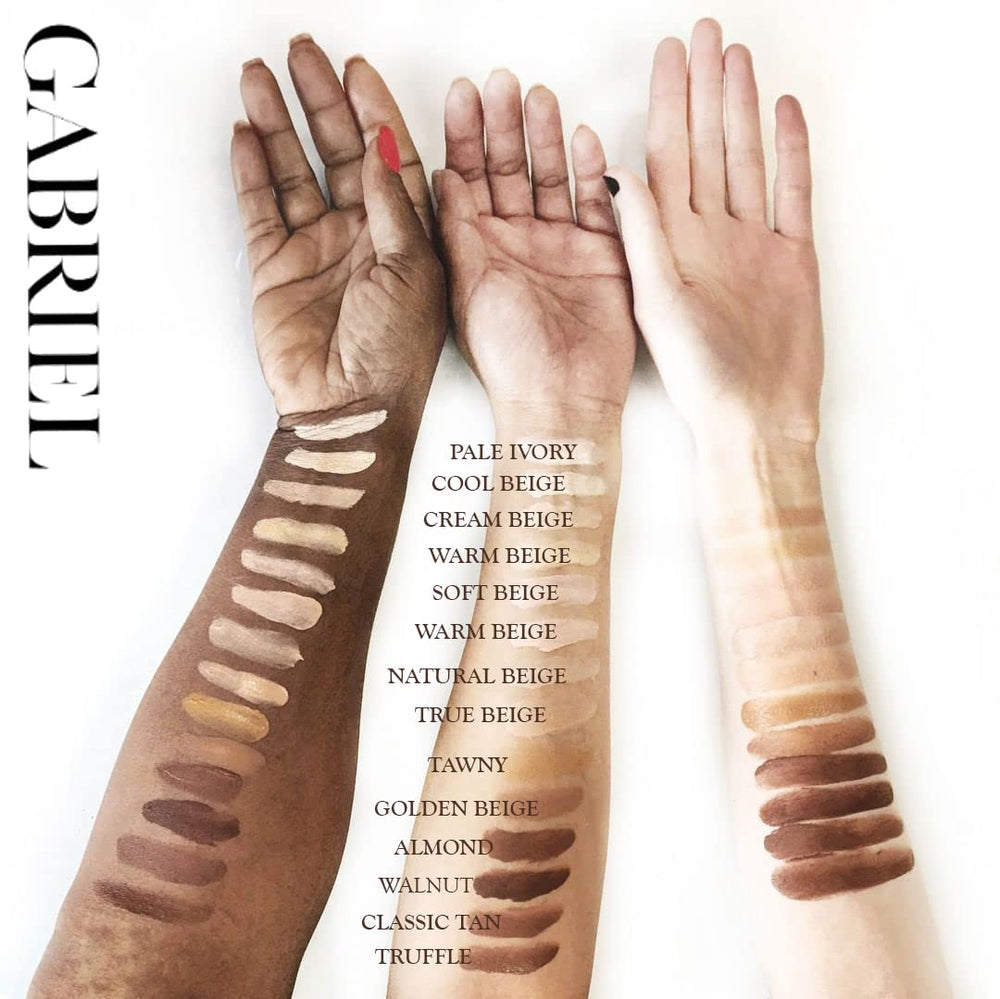 Gabriel Cosmetics liquid foundation swirl-on-hand demonstrates creamy texture for even skin tone.
