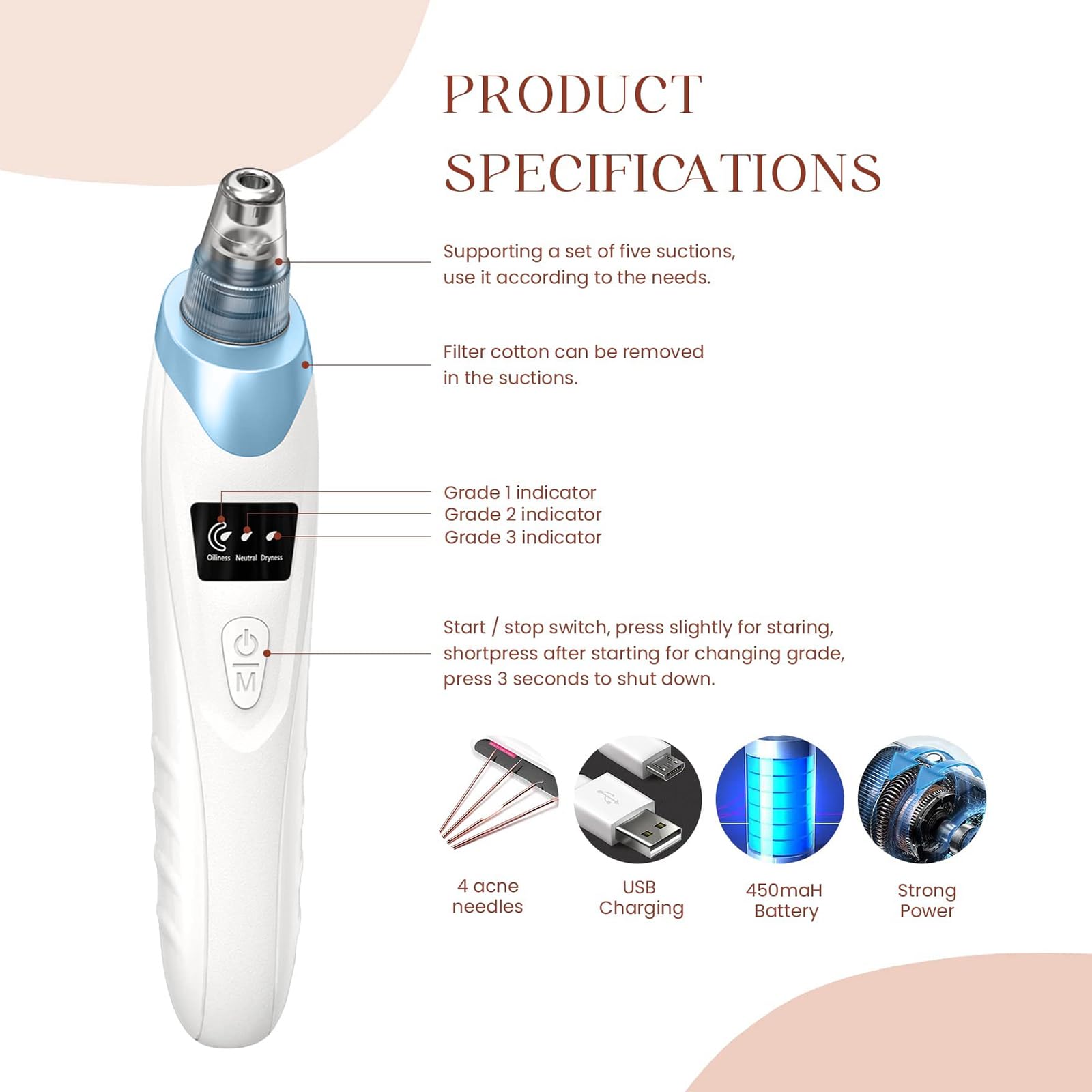 USB-rechargeable design with battery indicator for convenient at-home use