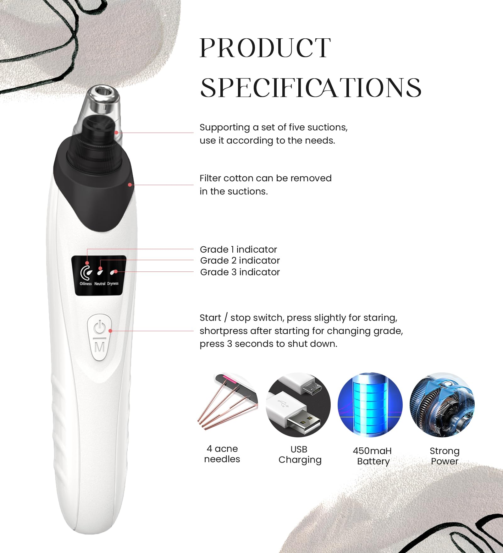 Gackoko USB rechargeable display—check battery and suction level during use.