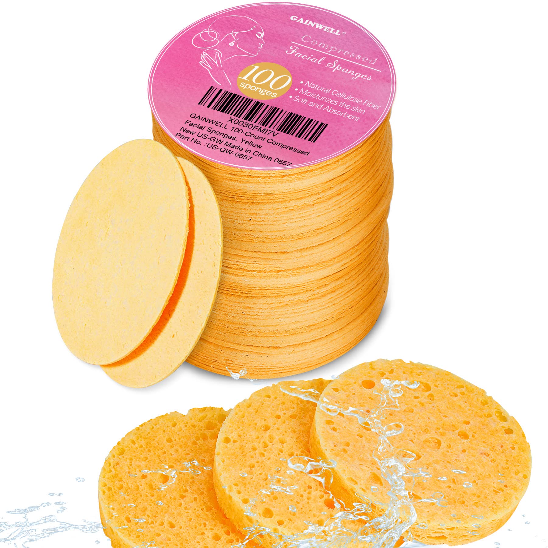 GAINWELL compressed facial sponges in a drawstring bag for easy travel cleansing.