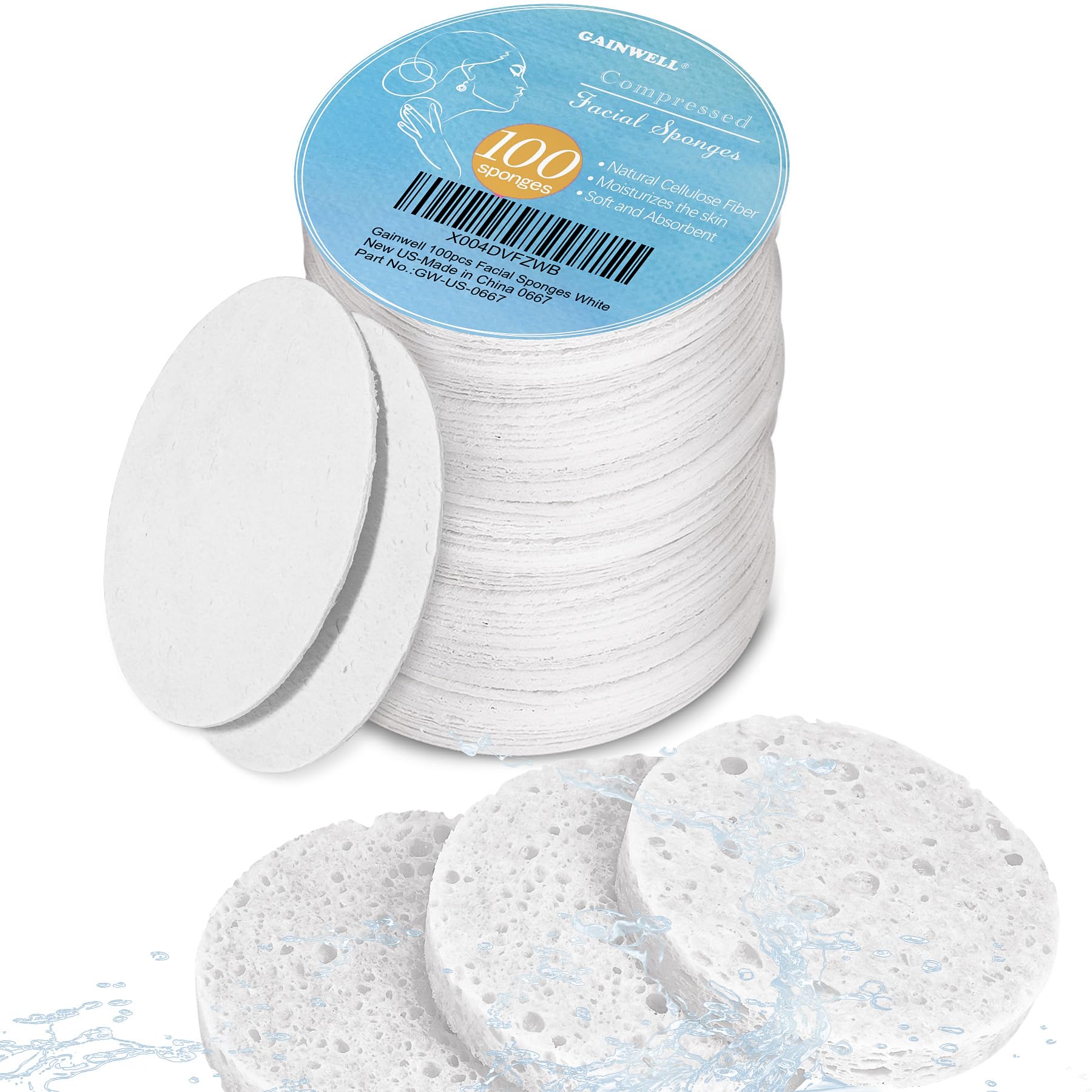 GAINWELL compressed facial sponges in a drawstring bag for travel and storage