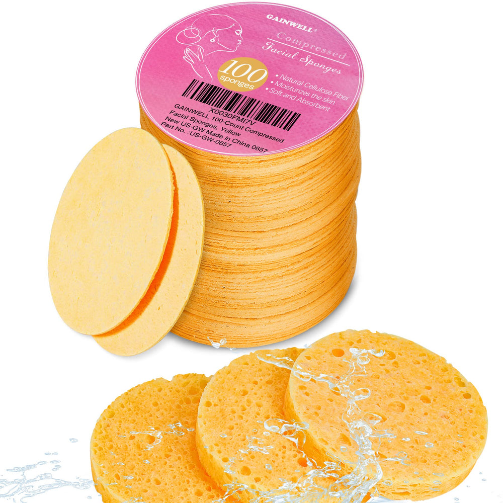 GAINWELL compressed facial sponge pack in drawstring bag ideal for travel cleansing.
