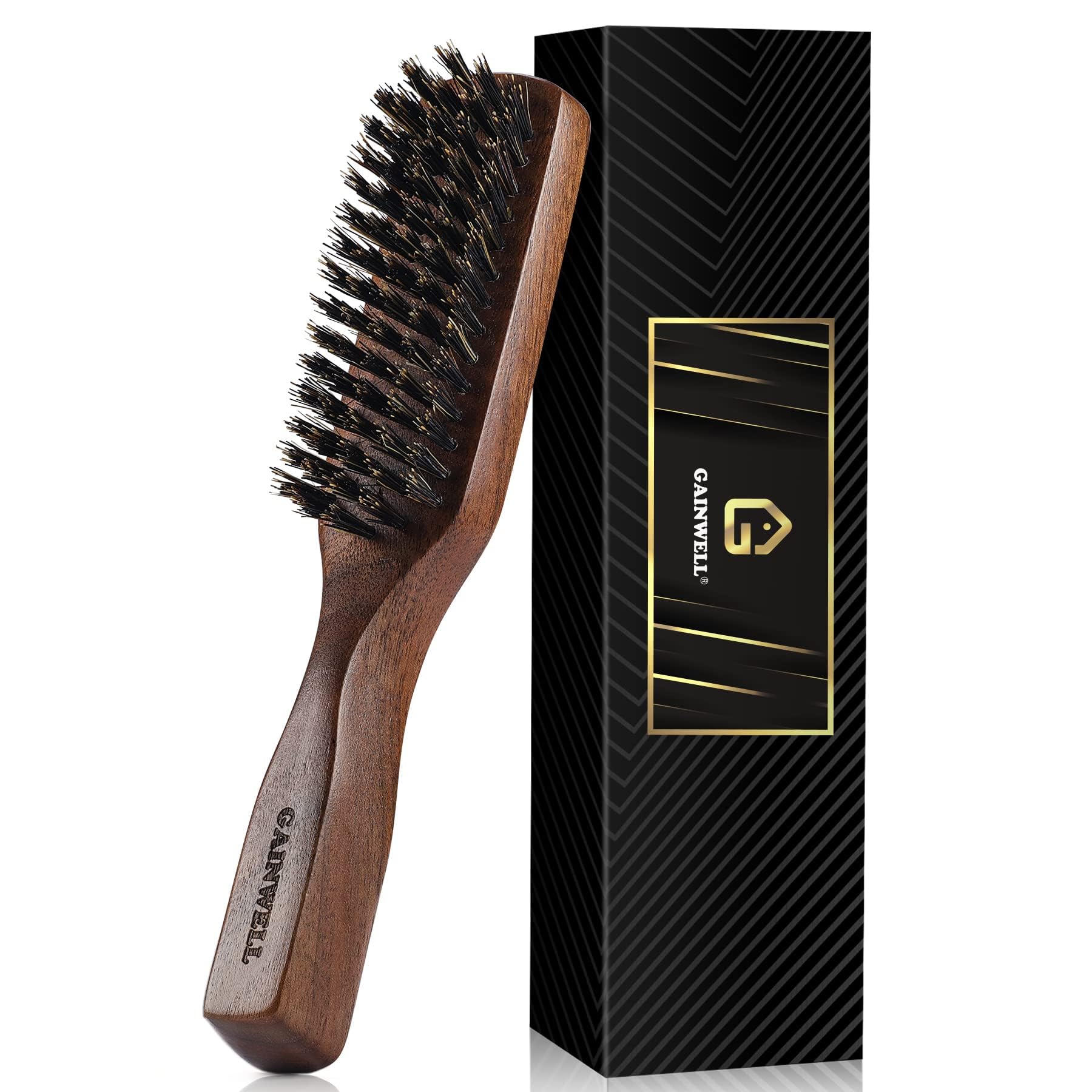 GAINWELL mens wild boar bristle brush with black walnut handle for comfortable grip and precise styling