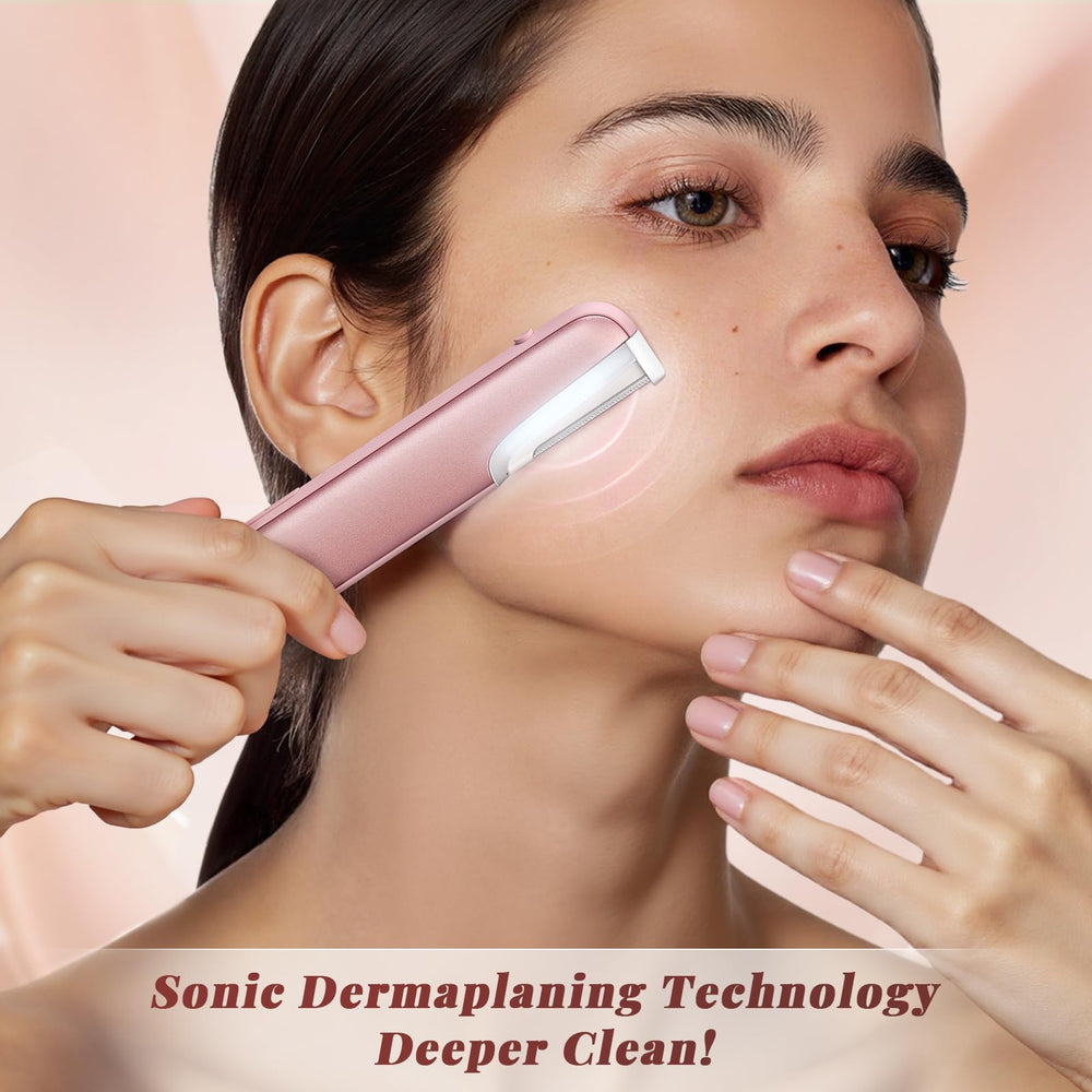 Galtxen Dermaplaning Tool pink LED-activation showcases precise peach fuzz removal