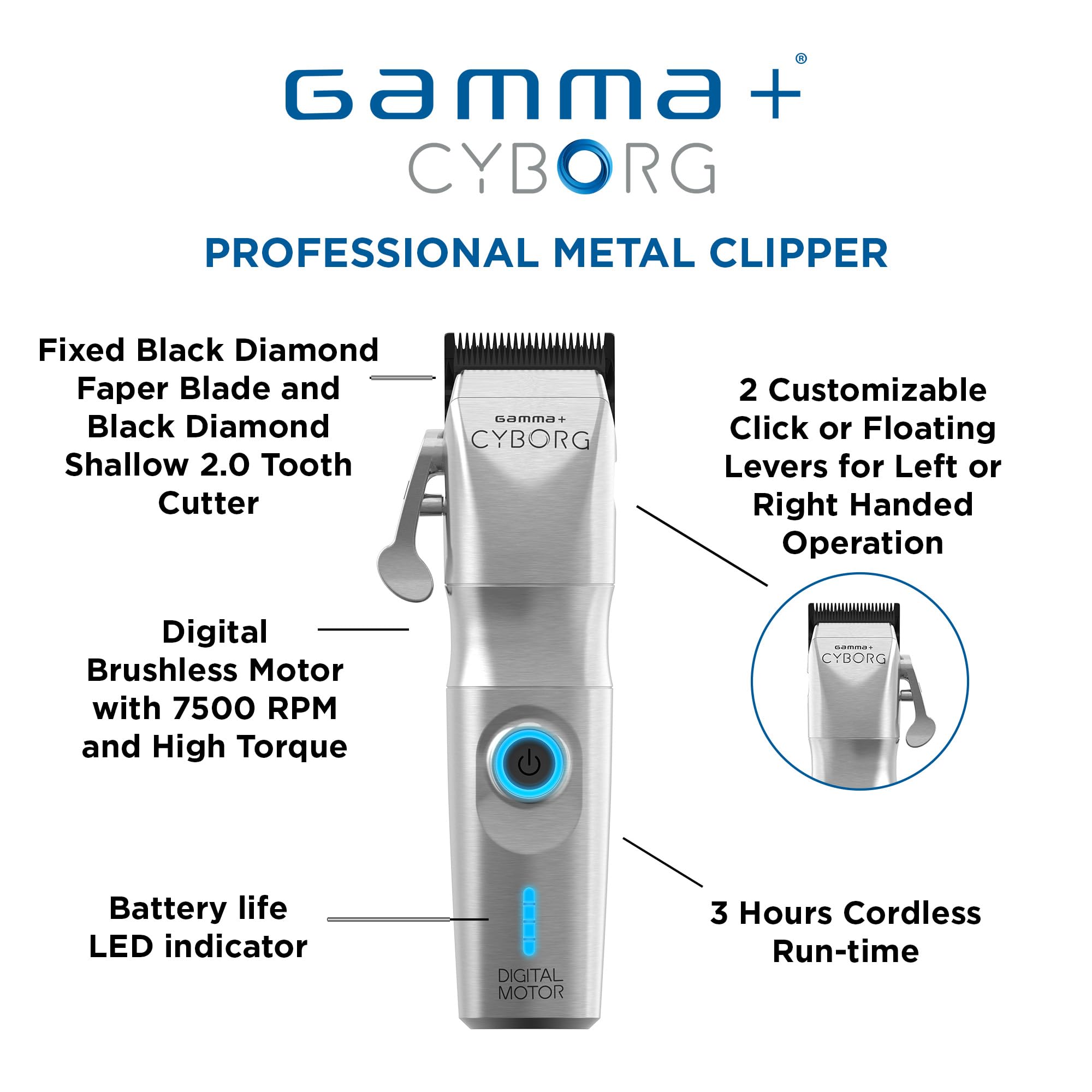 Gamma+ Cyborg clipper docking station charges quickly and safely.