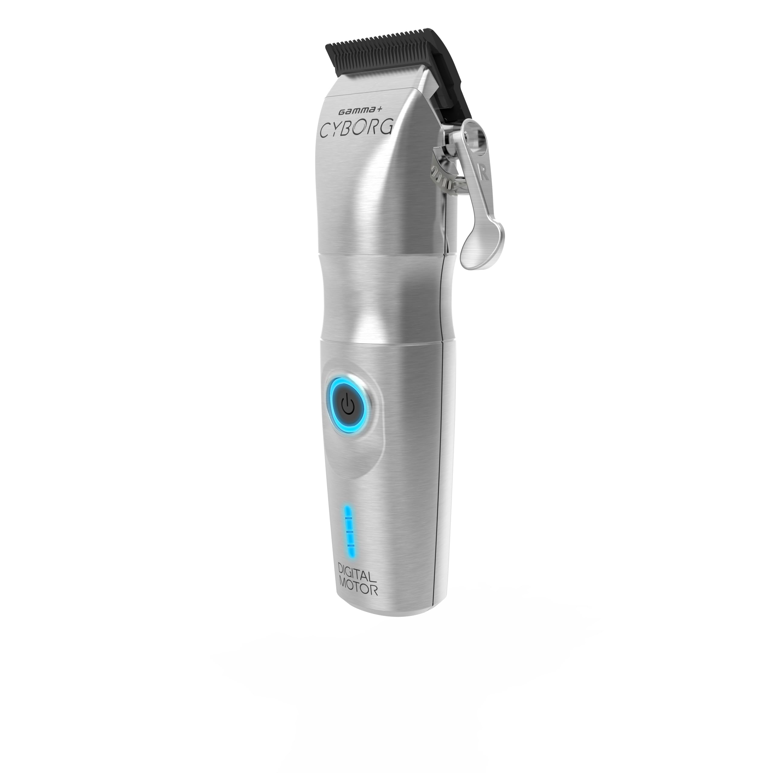 Gamma+ Cyborg clipper recessed hand grip boosts comfort during long sessions.