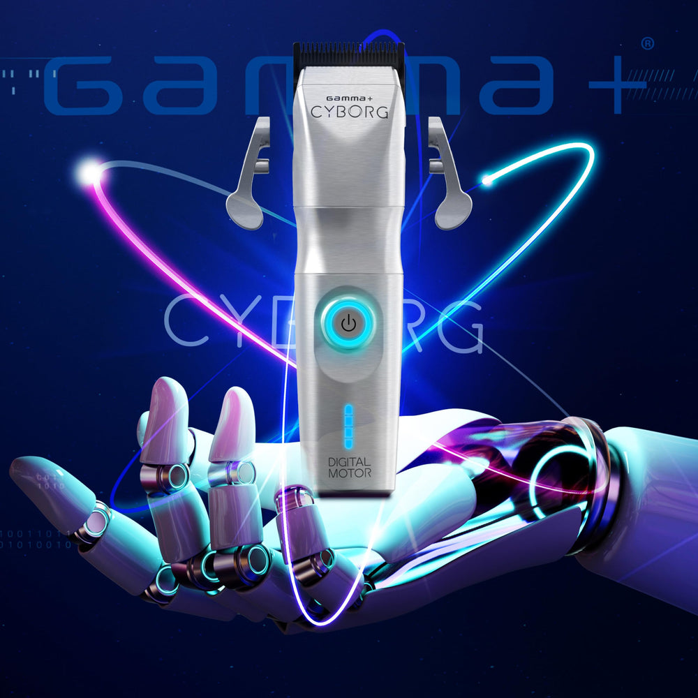 Gamma+ Cyborg clipper X-Pro Wide blade enables efficient close fades.