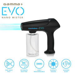 GAMMA+ Evo Nano Mister in-hand use delivers fine nano mist for hair and skin.