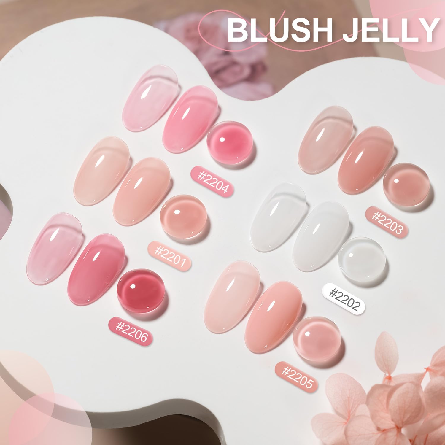 GAOY color swatches displaying nude, sheer white, pink Jelly finishes.