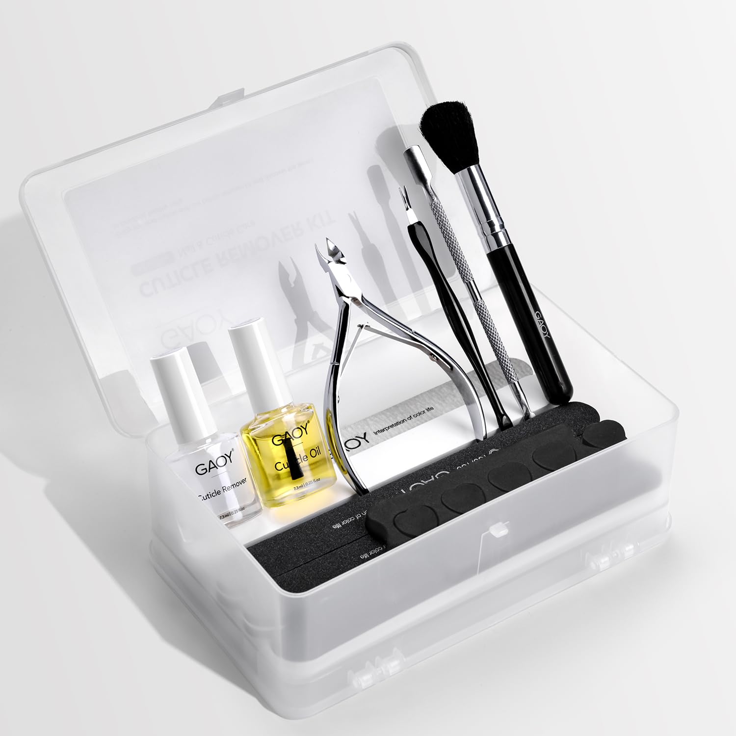 GAOY Cuticle Remover Kit box and storage keeping nails organized for home or salon use.