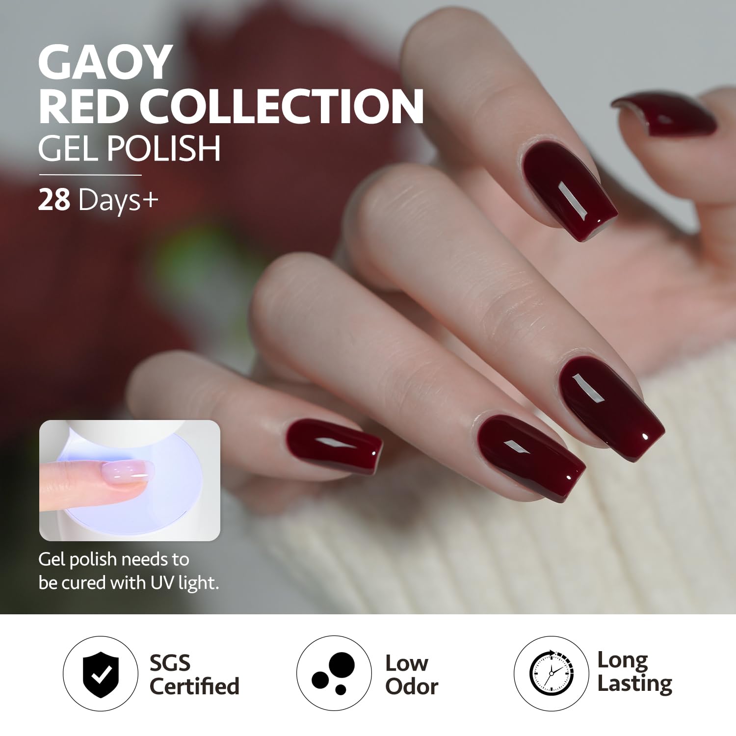 GAOY dark red gel polish finish on nail for deep color comparison