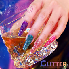 GAOY bottle and brush applying glitter gel polish for a smooth at-home manicure.