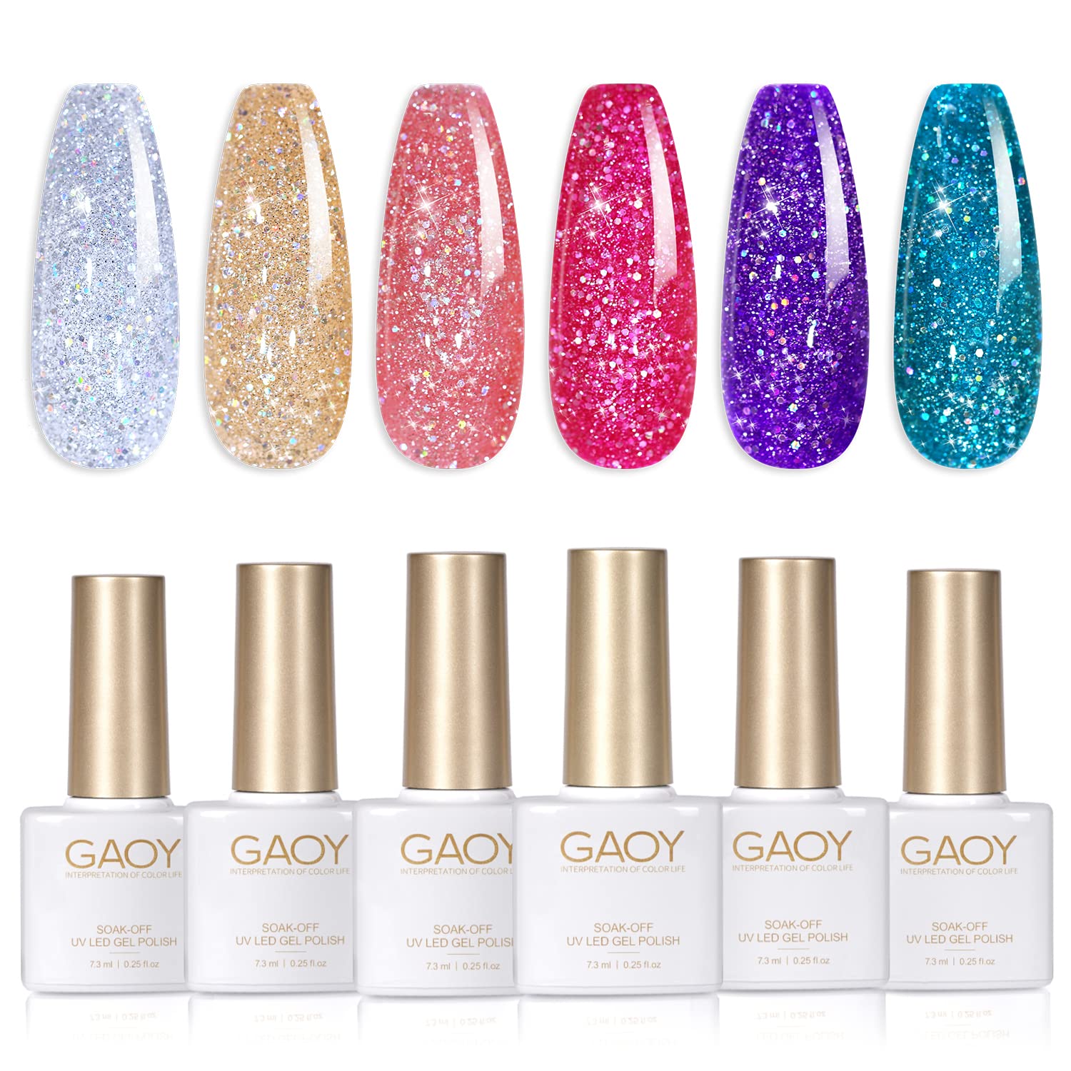 GAOY Disco Glitter Gel Nail Polish Set swatches reveal six rainbow glitter shades for DIY nail art.